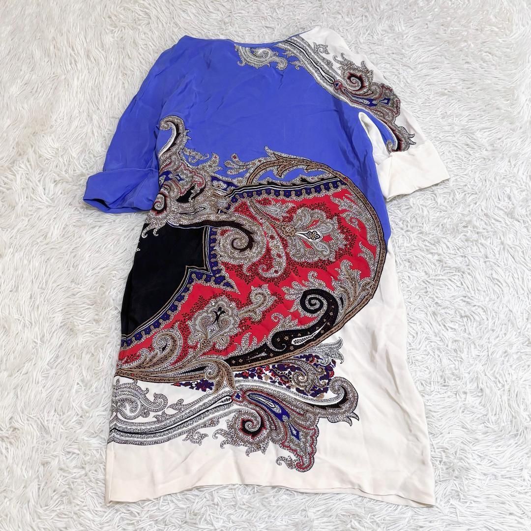 ETRO 七分丈ひざ丈 シルク ペイズリー柄ワンピース 50 ブルー