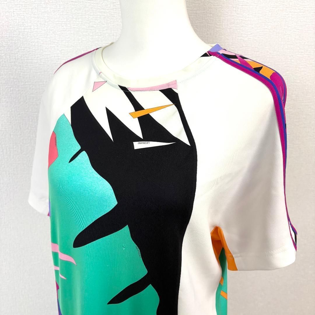  LEONARD 半袖ロングワンピース 38 白 マルチ ボタニカル 半袖 カットソーワンピース