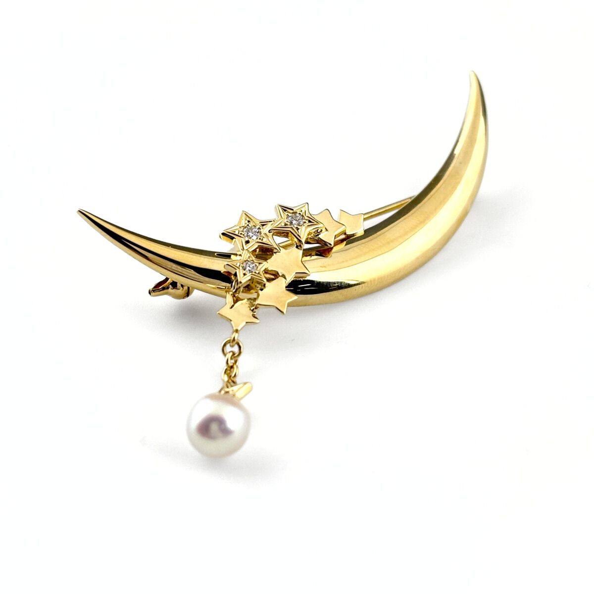 ミキモト パール デザインブローチ YG イエローゴールド メレダイヤ 真珠 スターモチーフ ムーン ブローチ K 18 ダイヤモンド レディース