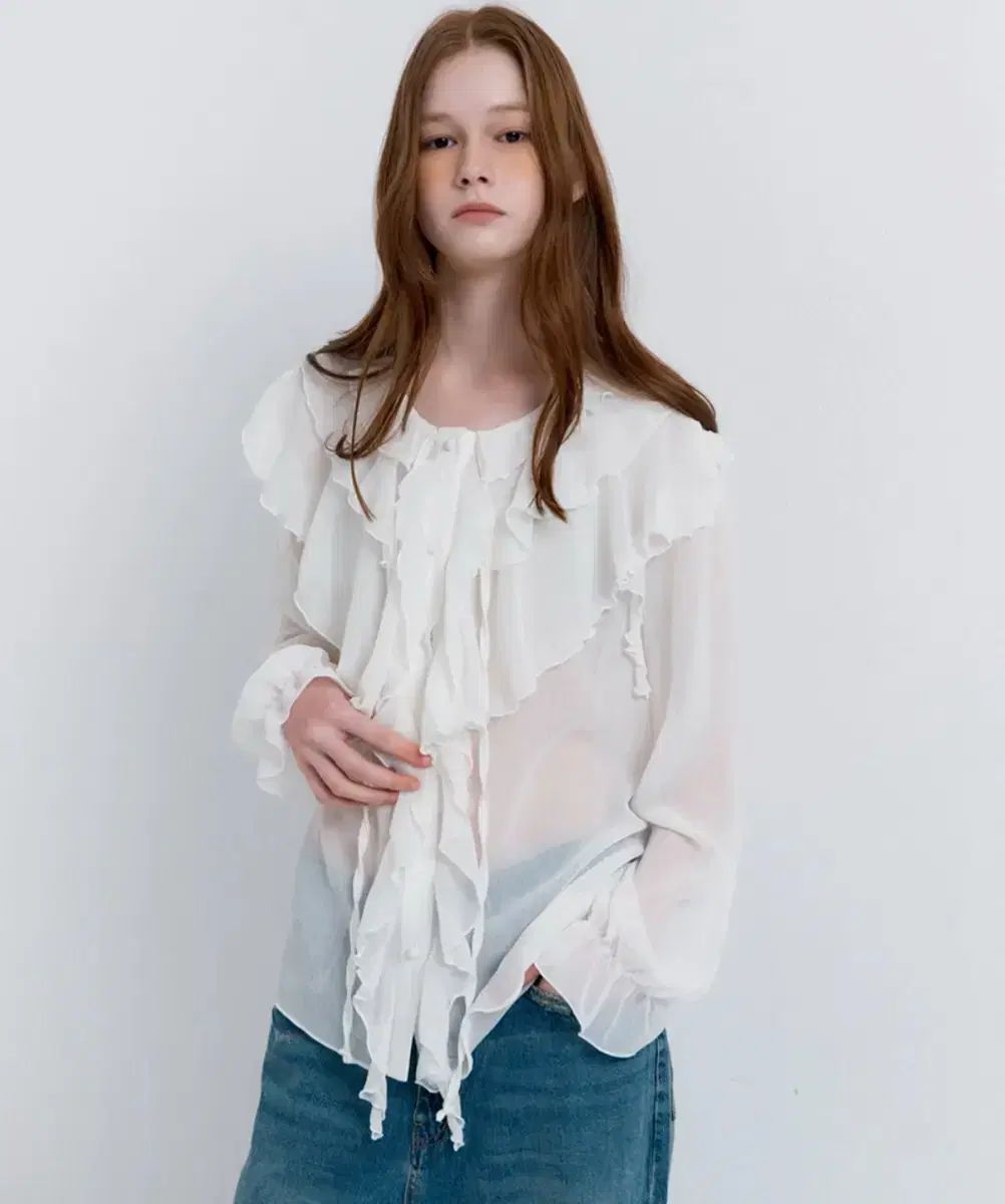 レイヤード シースルー フリル ブラウス 白