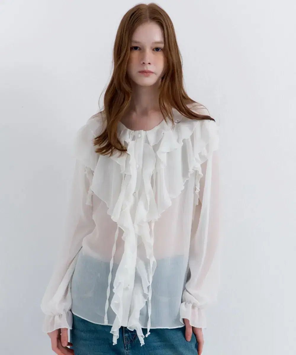 レイヤード シースルー フリル ブラウス 白