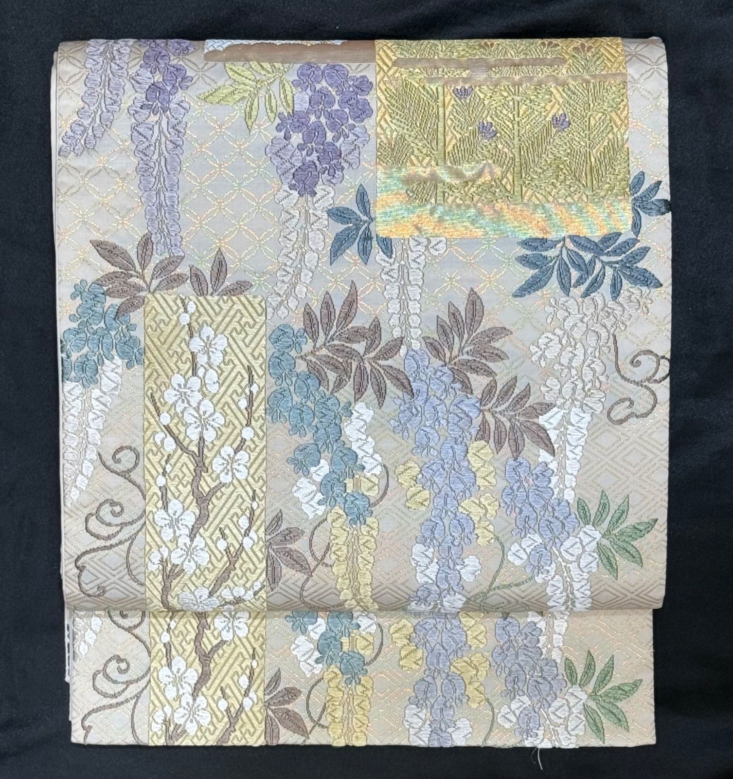  豪華絢爛 華麗 白地四季花唐織正絹六通袋帯 袋帯 帯