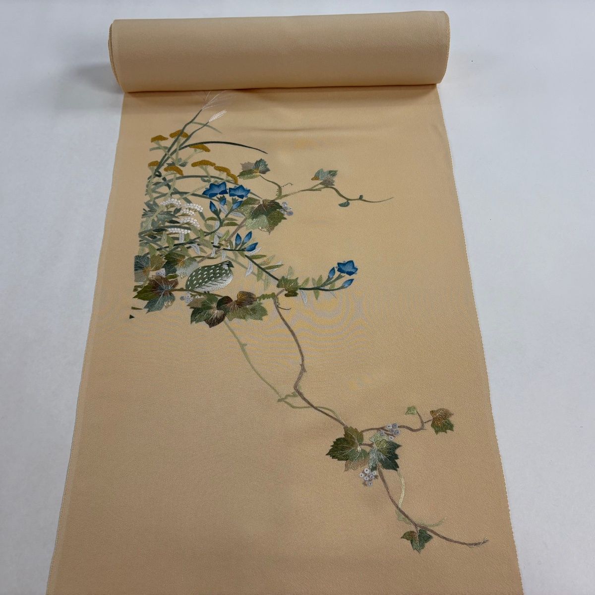 反物 付下げ 鳥 草花 刺繍 金銀糸 ベージュ 正絹