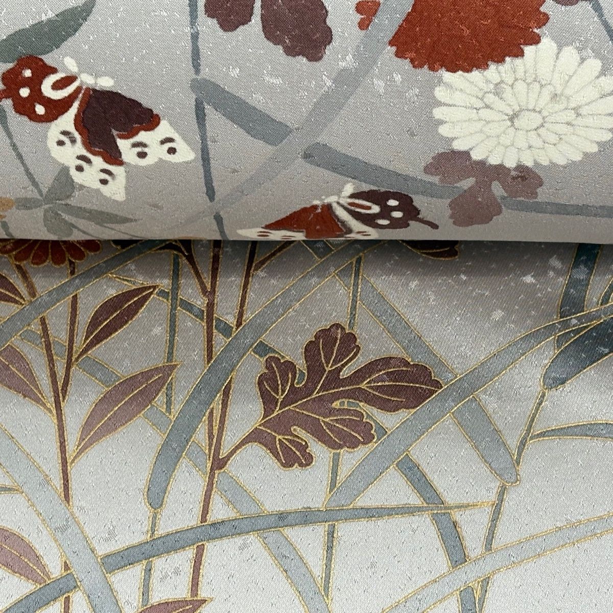  反物 秀品 付下げ 菊 蝶 金彩 薄小豆 正絹 訪問着 付け下げ 着物反物