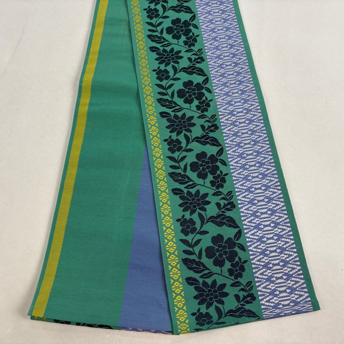 半幅帯 証紙 本場博多織 草花 幾何学 薄緑 正絹