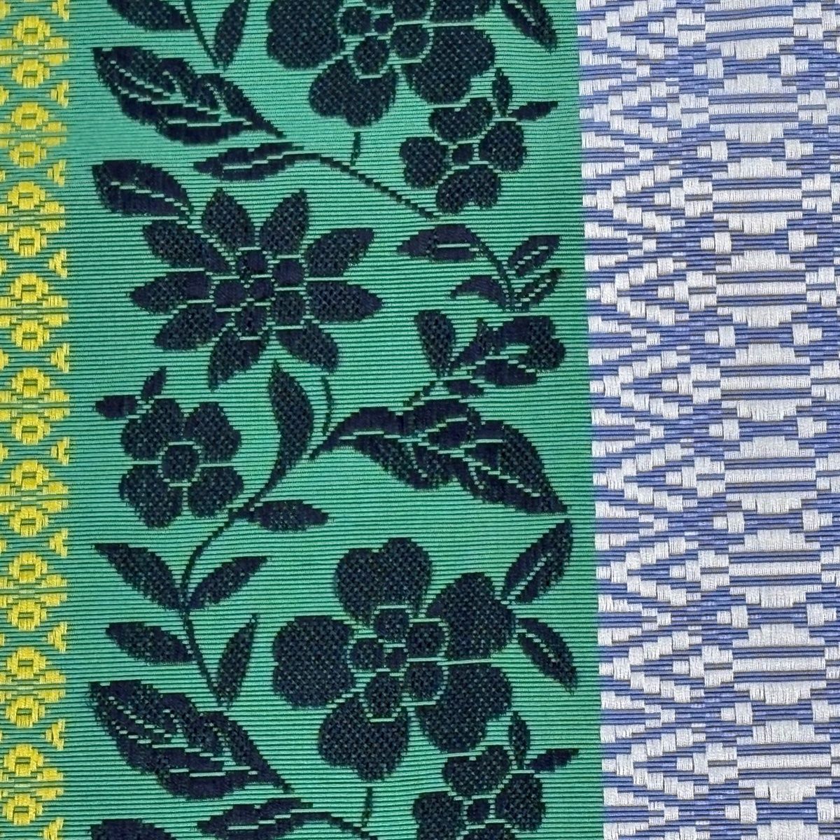 半幅帯 証紙 本場博多織 草花 幾何学 薄緑 正絹