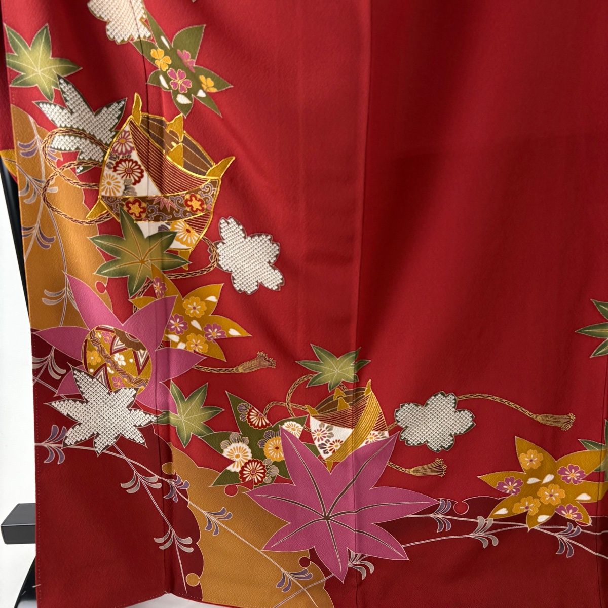 振袖 身丈169 cm 裄丈68 L 袷 袋帯フルセット 糸巻き 桜 金糸 金彩 えんじ色 正絹 秀品