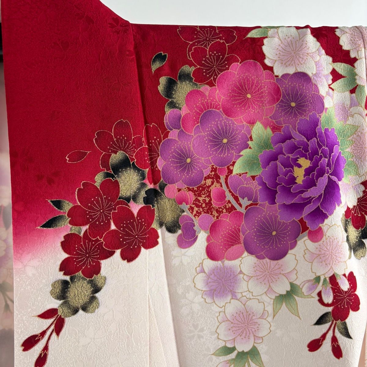 美品】 振袖 身丈169.5cm 裄丈66.5cm M 袷 袋帯フルセット 牡丹 桜 箔