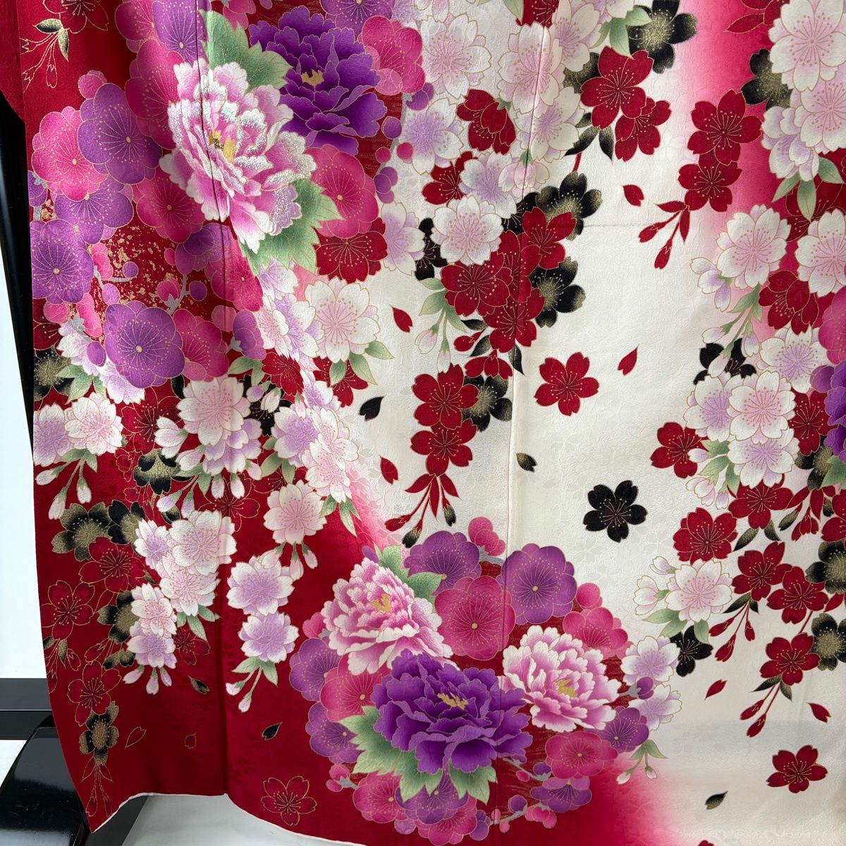 振袖 身丈169.5 cm 裄丈66.5 M 袷 袋帯フルセット 牡丹 桜 箔 刺繍 赤 正絹