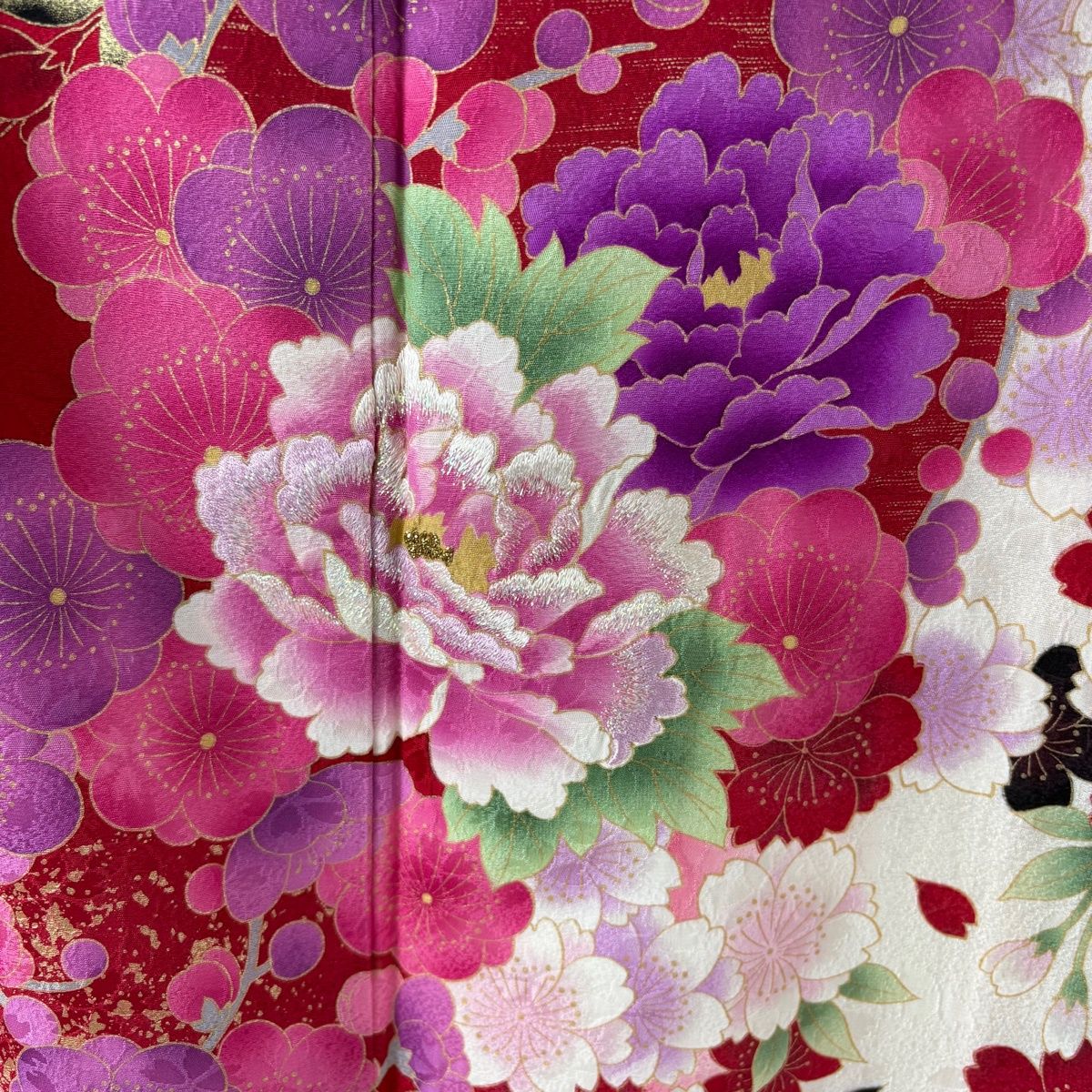  振袖 身丈169 5 cm 裄丈66 M 袷 袋帯フルセット 牡丹 桜 箔 刺繍 赤 正絹 振袖 着物