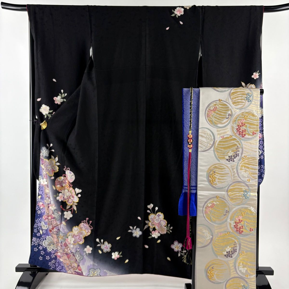 振袖 身丈159.5 cm 裄丈68 L 袷 袋帯フルセット やまと 鈴 桜 金銀糸 刺繍 黒 正絹
