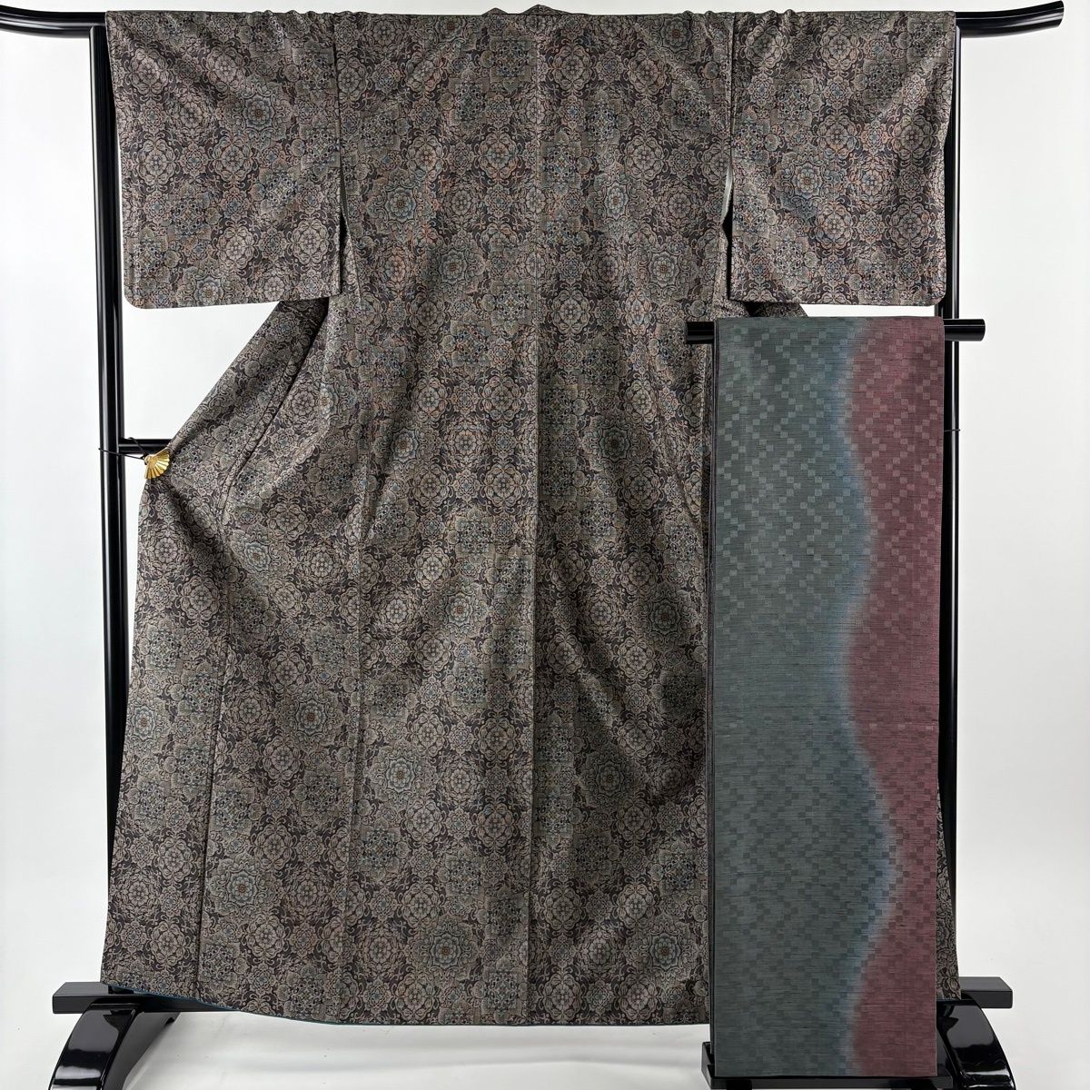 紬 身丈162 cm 裄丈65 M 袷 袋帯セット 華文 灰紫 正絹 秀品