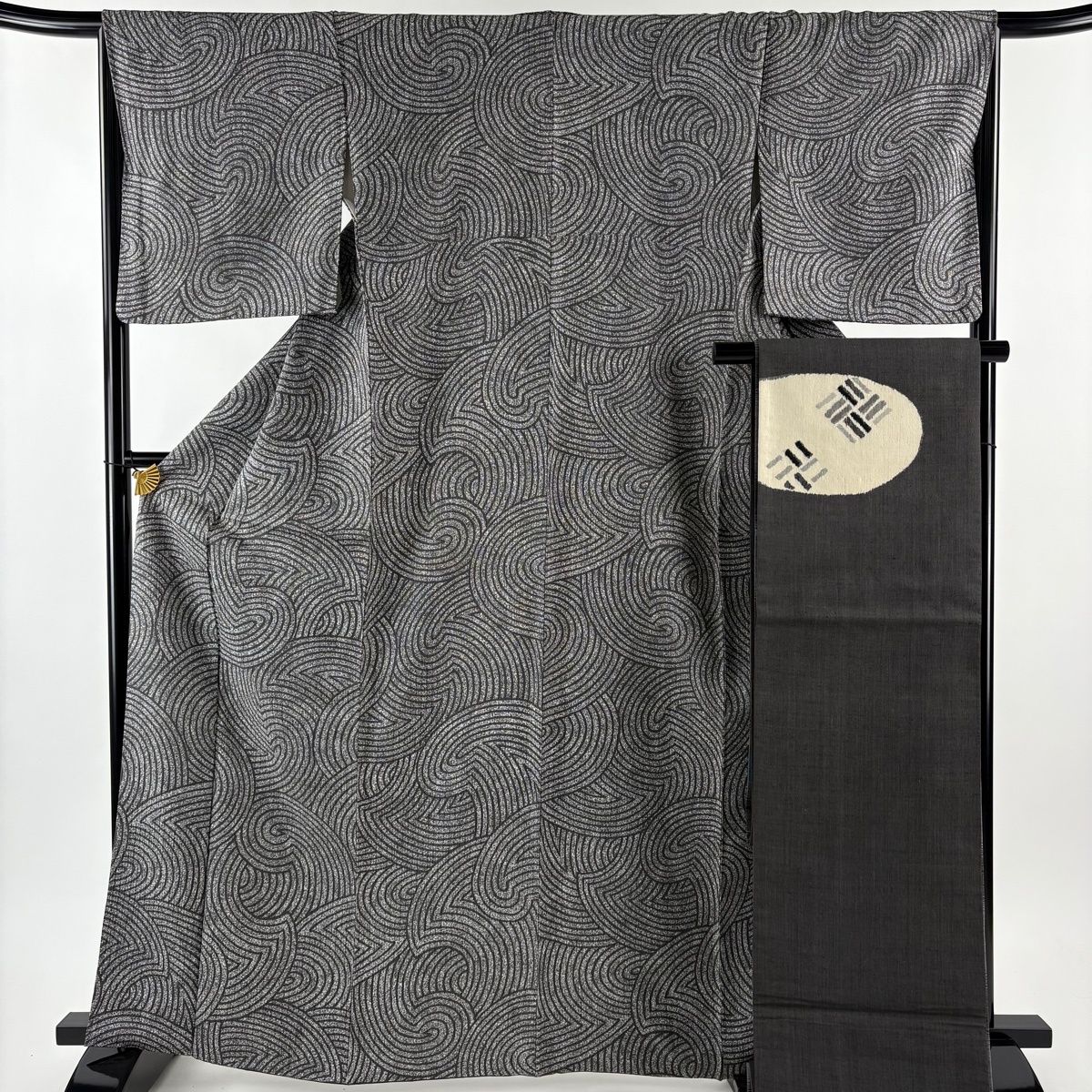小紋 身丈164 cm 裄丈65 5 M 袷 袋帯セット 幾何学模様 灰色 正絹 秀品