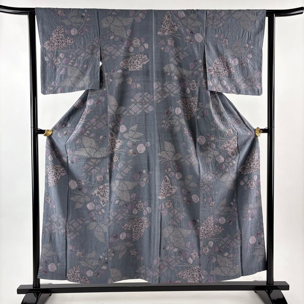 花織 グレー 紬 小紋 美品】 小紋 身丈155.5cm 裄丈63cm S 袷 大脇一心 紬地 落款 辻が花 菱