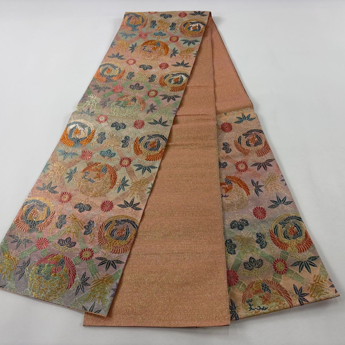  袋帯 落款 綴 福寿鳳凰文集 草花 金糸 箔 サーモンピンク 六通 正絹 袋帯 帯