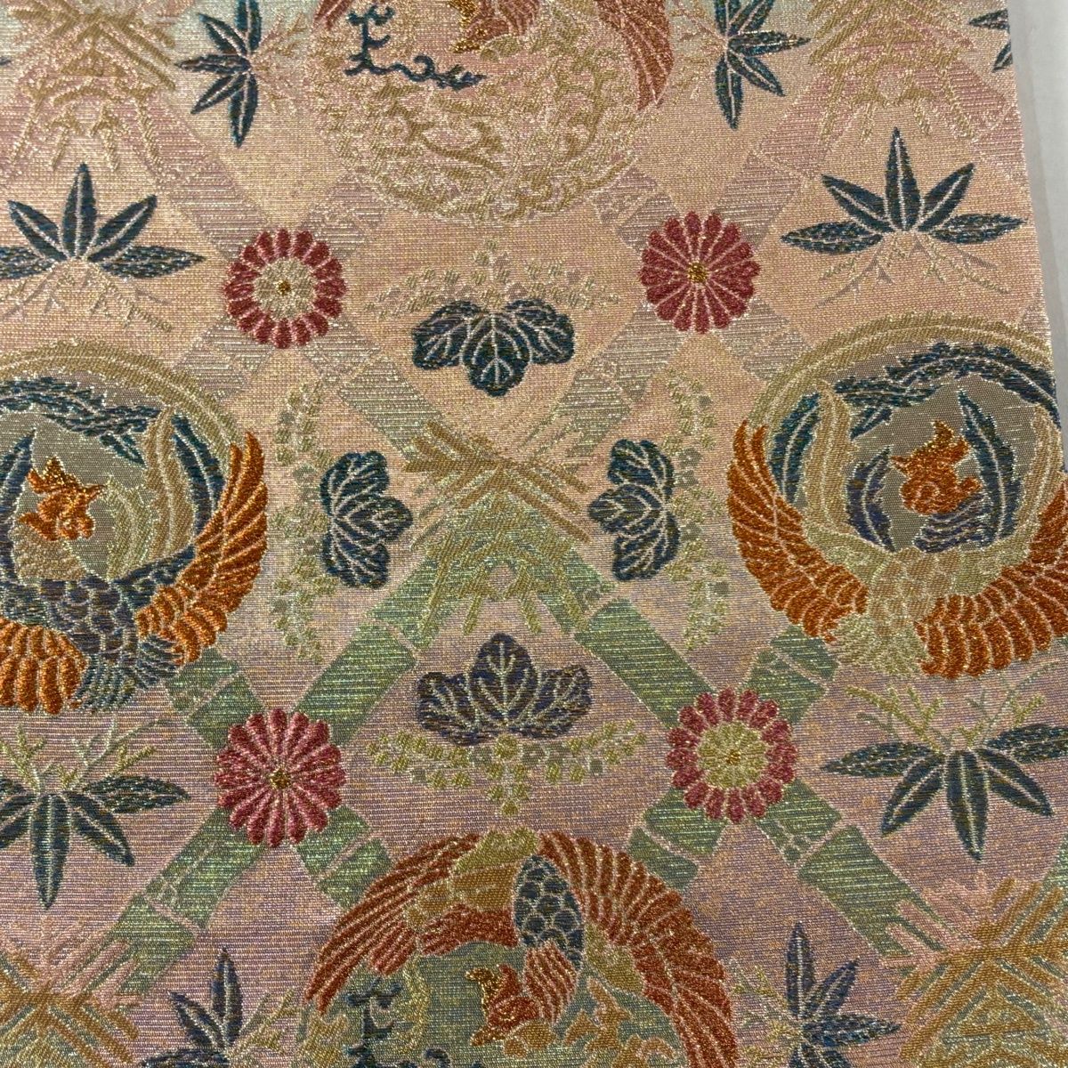 袋帯 落款 綴 福寿鳳凰文集 草花 金糸 箔 サーモンピンク 六通 正絹