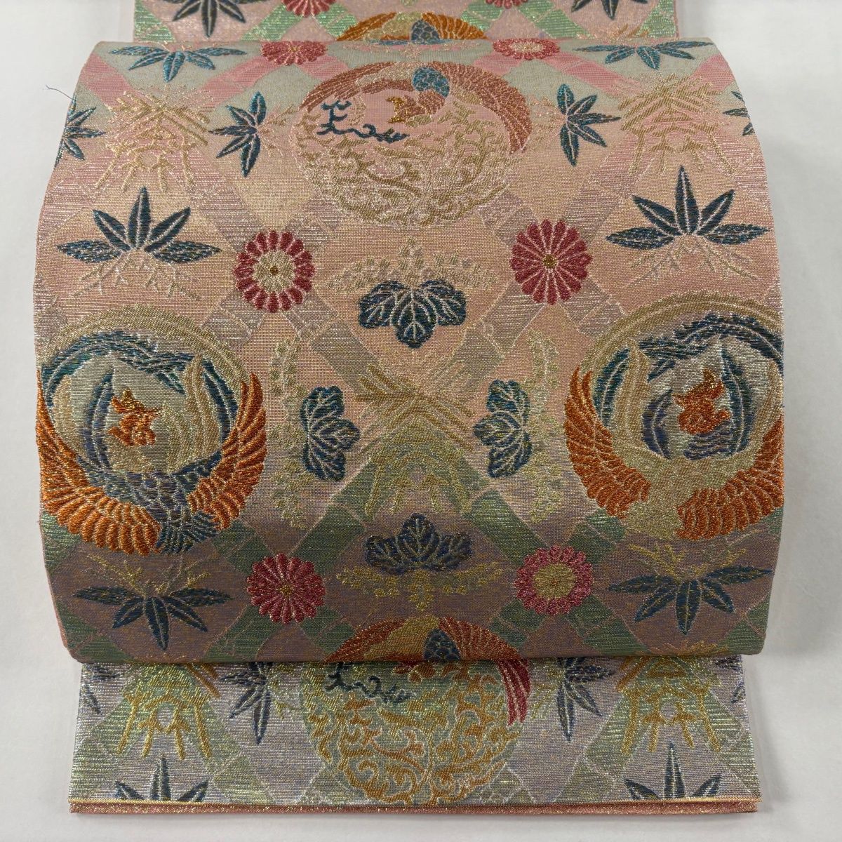 美品】袋帯 逸品 落款 綴 福寿鳳凰文集 草花 金糸 箔 サーモンピンク