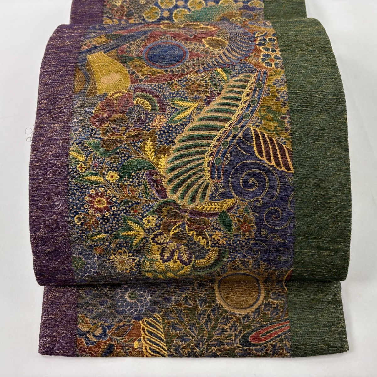 袋帯 前田仁仙 落款 花唐草 鳥 金糸 金彩 紫 全通 正絹