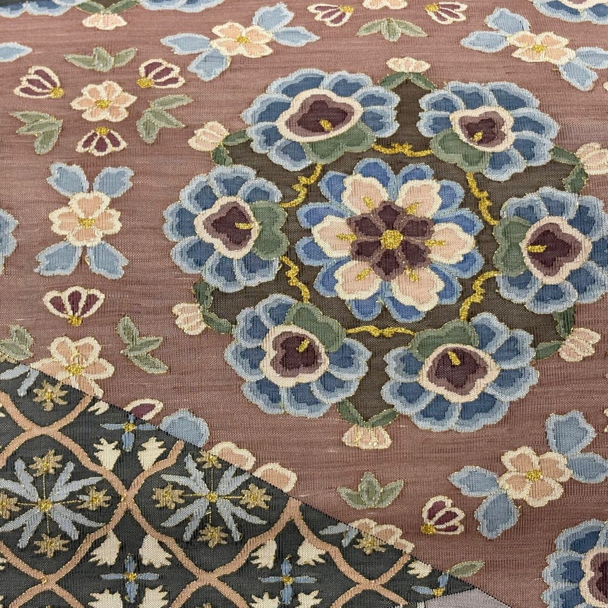 袋帯 華文 草花 金糸 灰紫 お太鼓柄 正絹