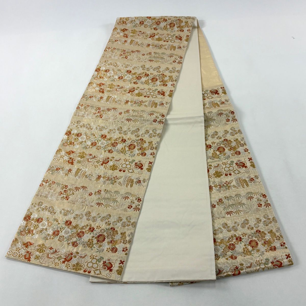  袋帯 河村織物 落款 押箔小花文 手おり 宝尽くし 松竹梅 金銀糸 箔 金色 六通 正絹 袋帯 帯