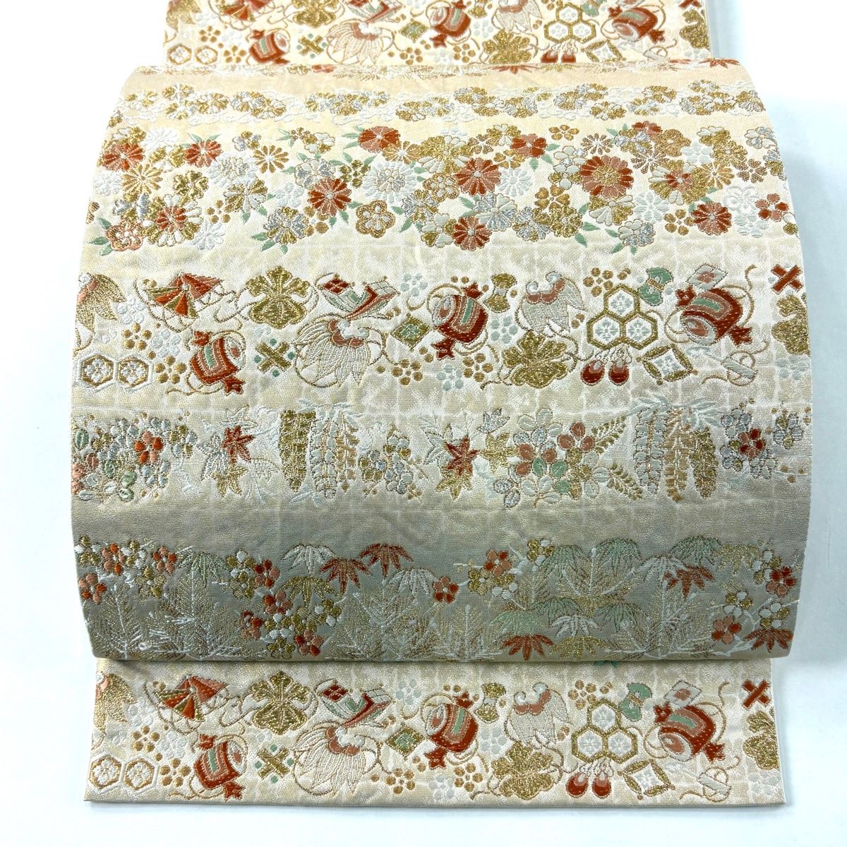 袋帯 河村織物 落款 押箔小花文 手おり 宝尽くし 松竹梅 金銀糸 箔 金色 六通 正絹