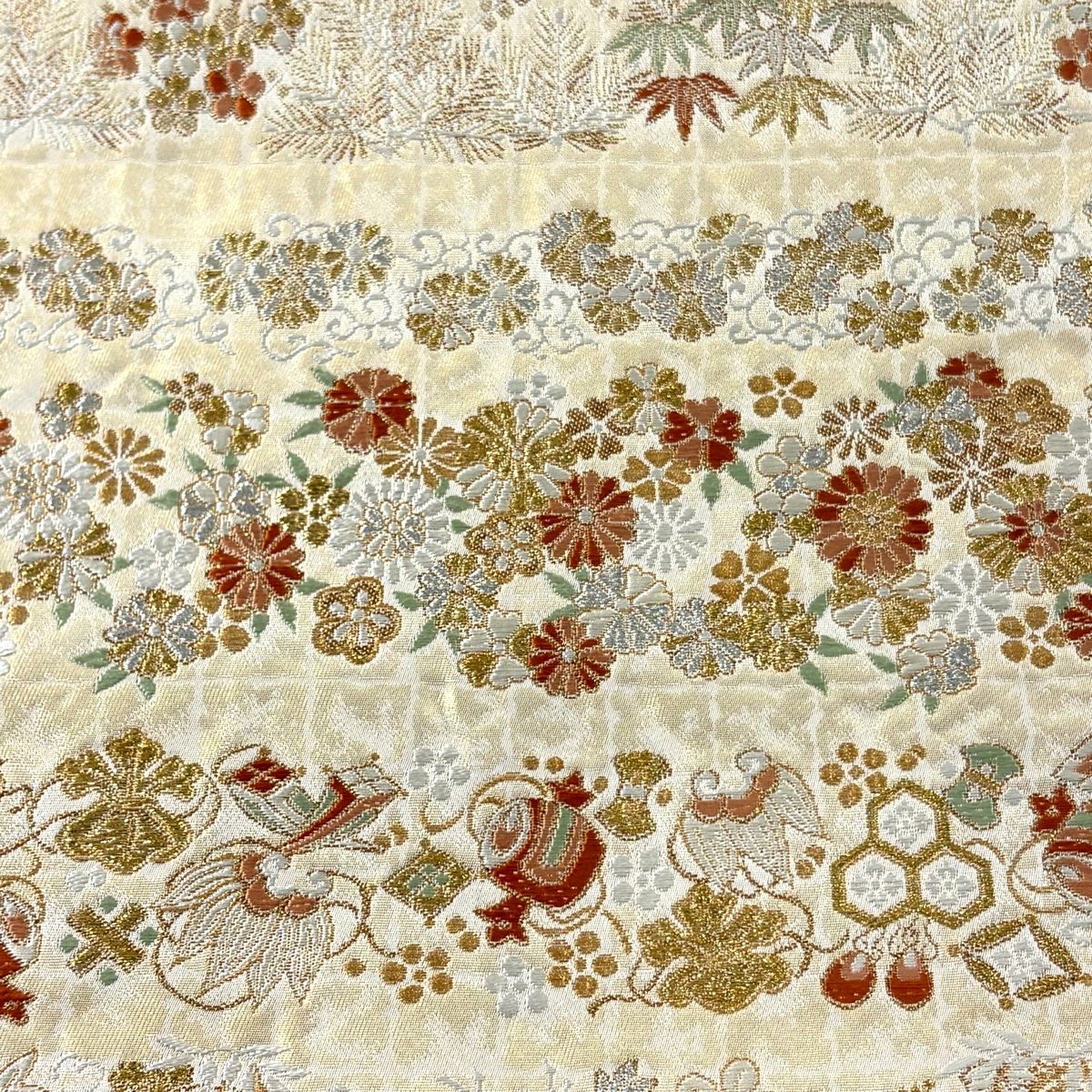 袋帯 河村織物 落款 押箔小花文 手おり 宝尽くし 松竹梅 金銀糸 箔 金色 六通 正絹