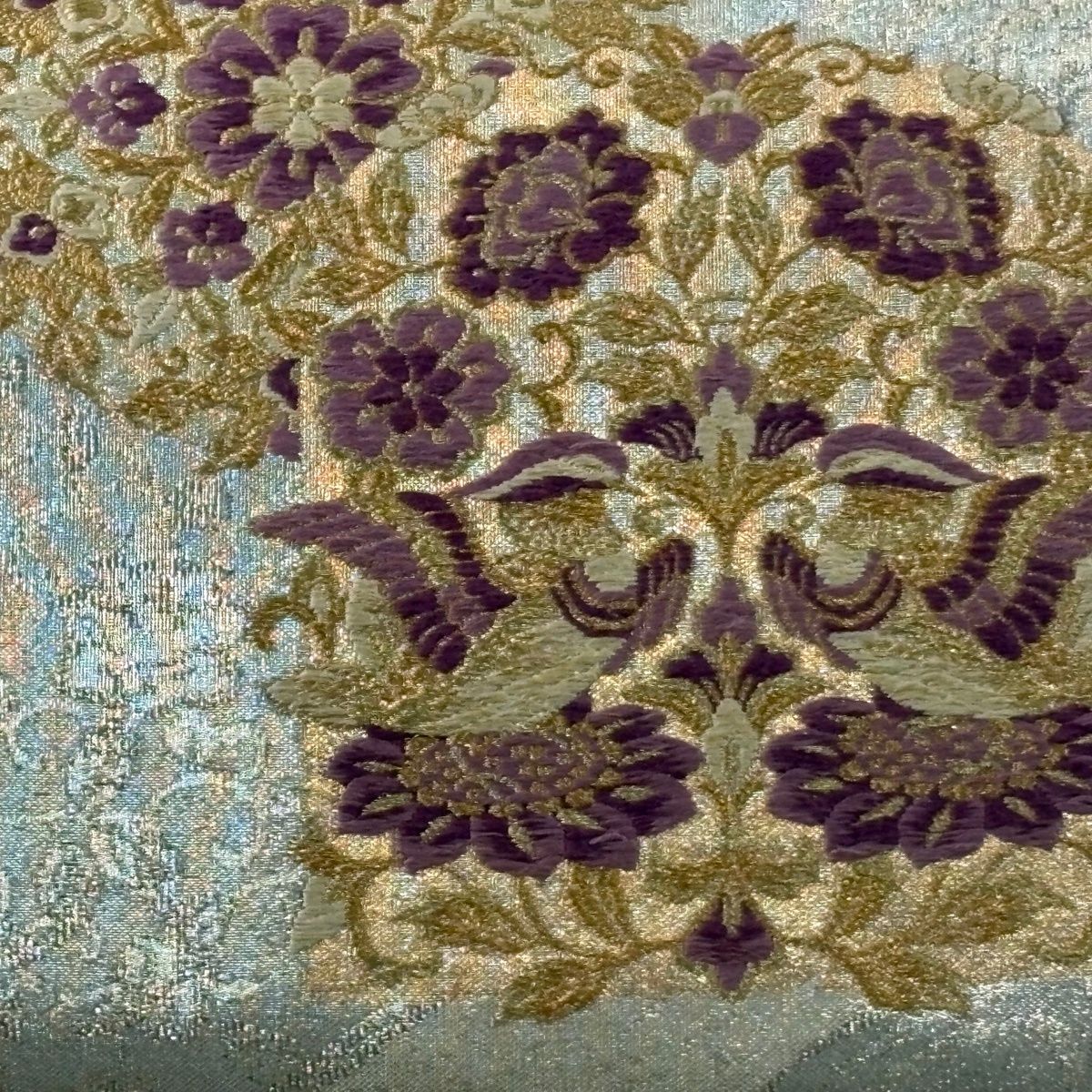 袋帯 じゅらく 落款 帝王紫 向かい鳥 華文 刺繍 金糸 銀色 お太鼓柄 正絹