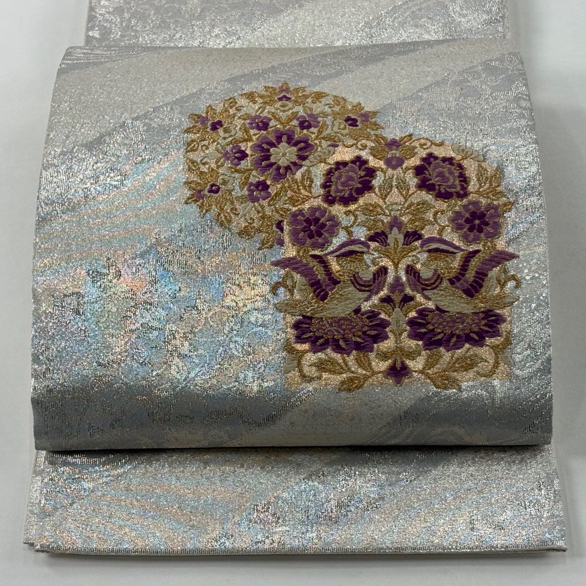 袋帯 じゅらく 落款 帝王紫 向かい鳥 華文 刺繍 金糸 銀色 お太鼓柄 正絹
