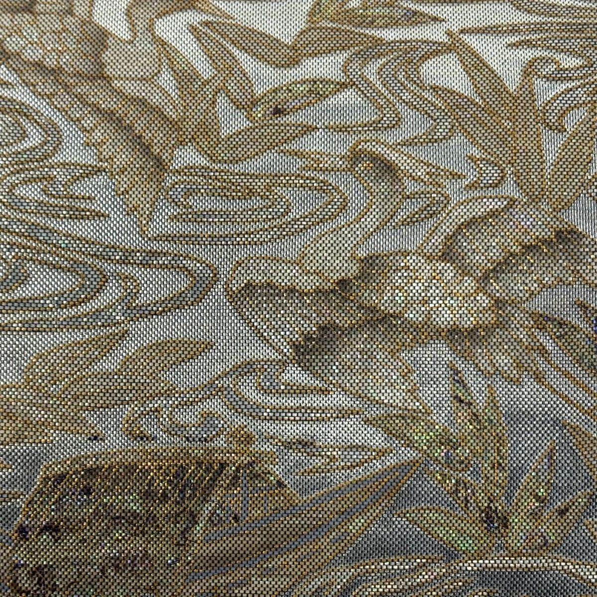 袋帯 落款 木村幸啓 鳥 流水 金彩 箔 銀色 お太鼓柄 正絹