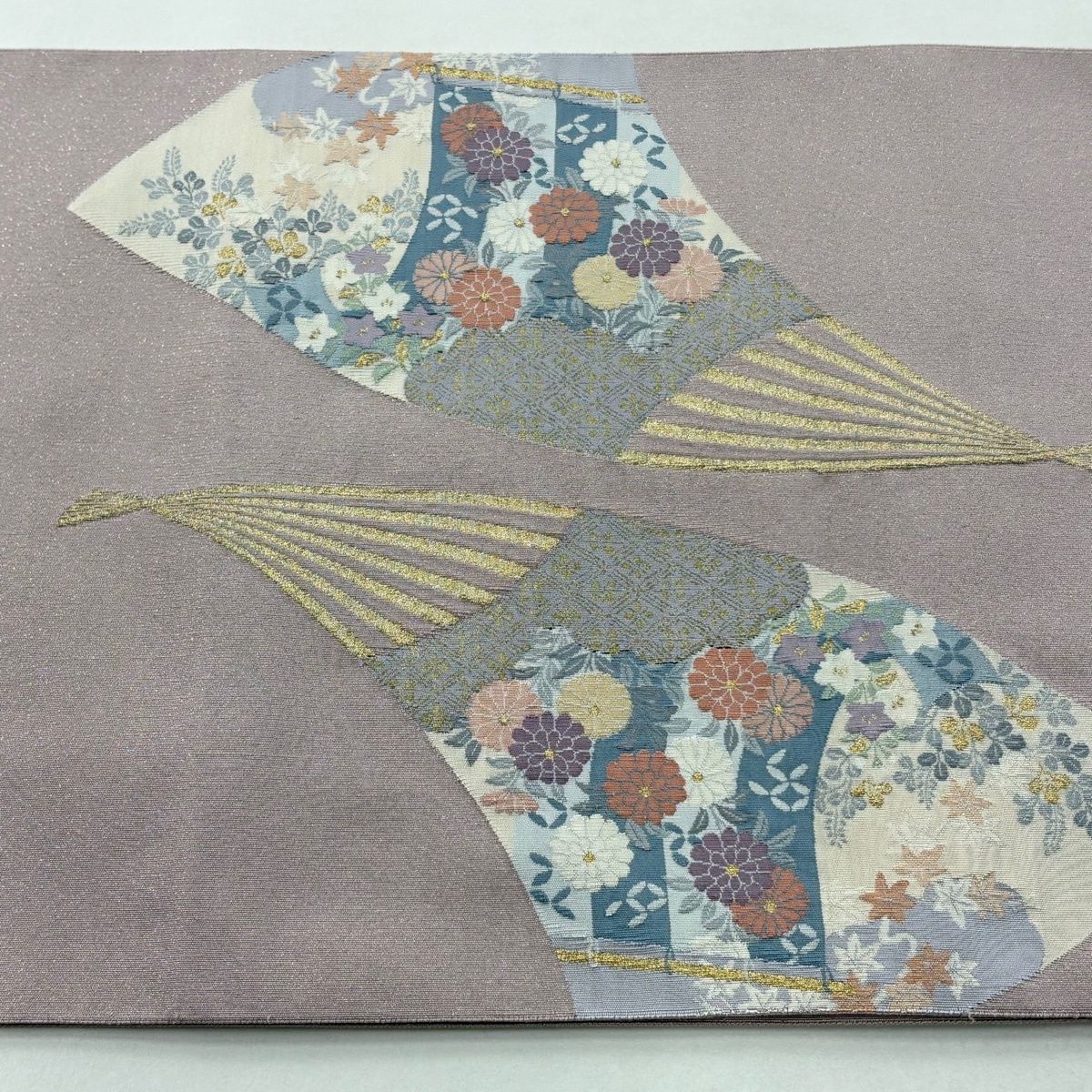 袋帯 落款 北尾織物 加賀扇面文 扇 秋草 金銀糸 薄紫 お太鼓柄 正絹 袋帯 帯