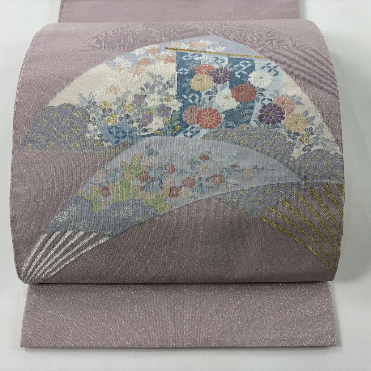 袋帯 落款 北尾織物 加賀扇面文 扇 秋草 金銀糸 薄紫 お太鼓柄 正絹