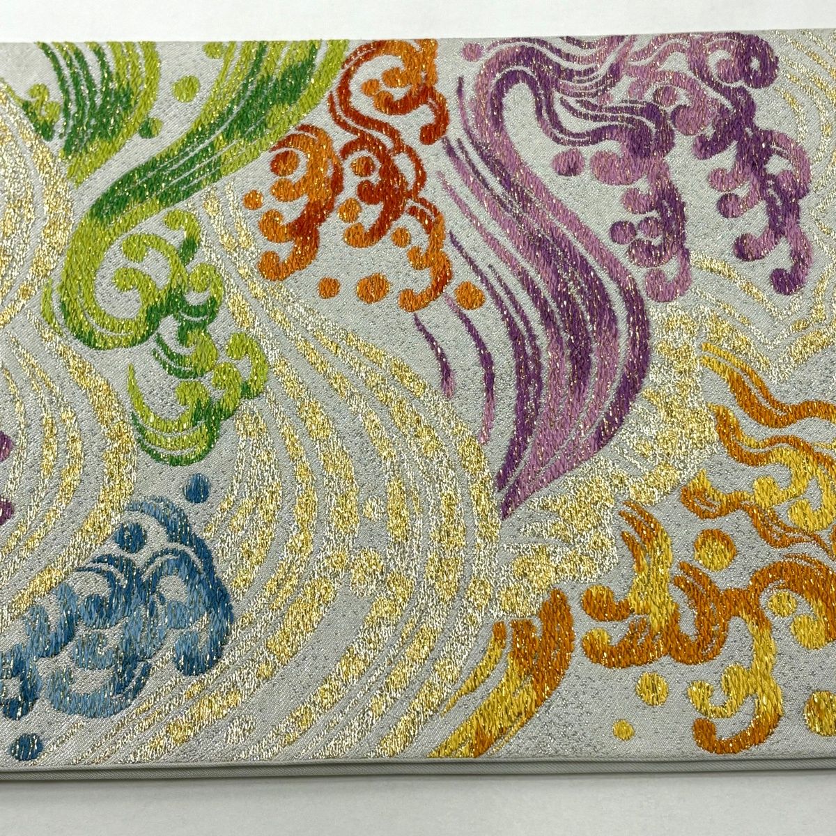  袋帯 川島織物 落款 波頭 波 刺繍 箔 銀色 六通 正絹 袋帯 帯