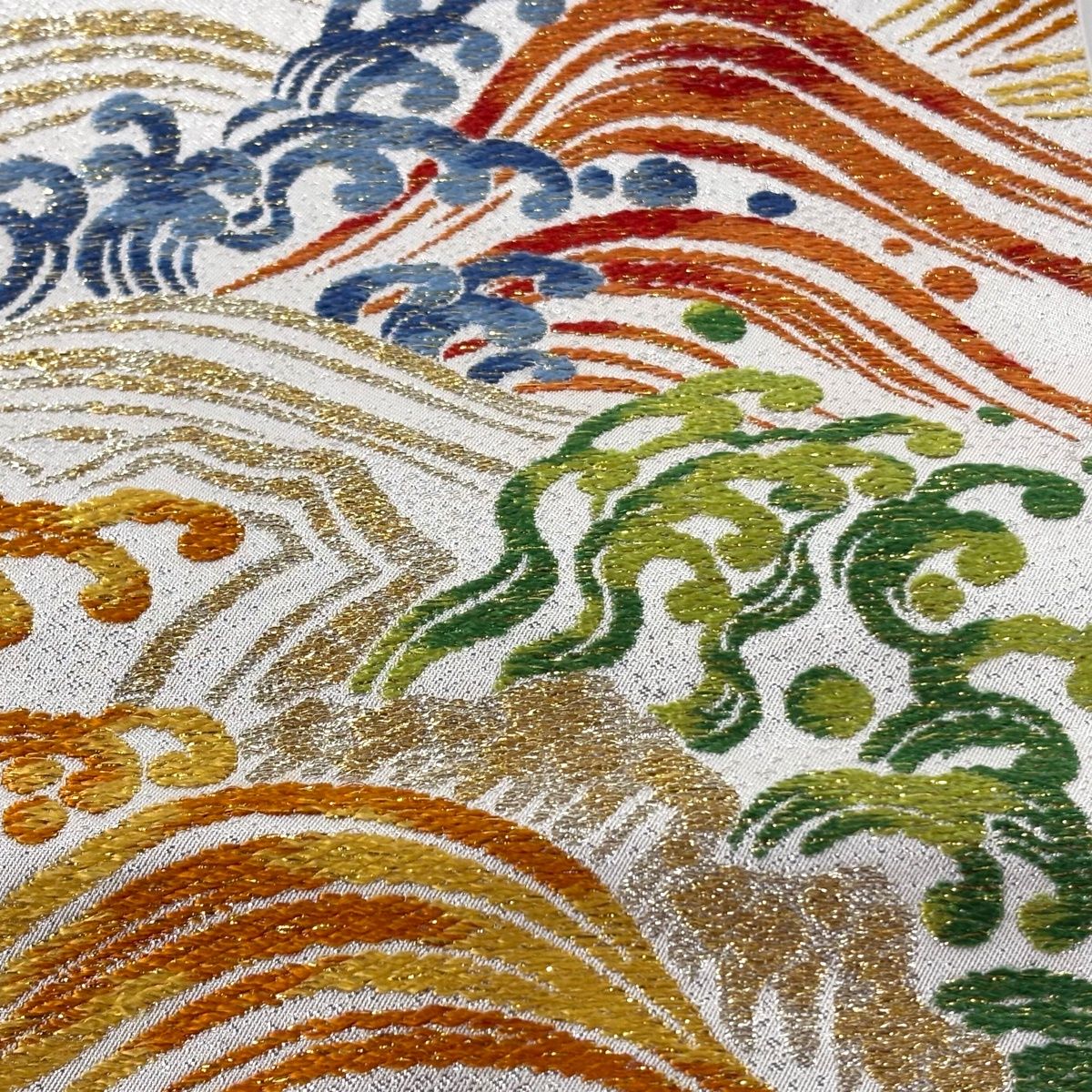 袋帯 川島織物 落款 波頭 波 刺繍 箔 銀色 六通 正絹