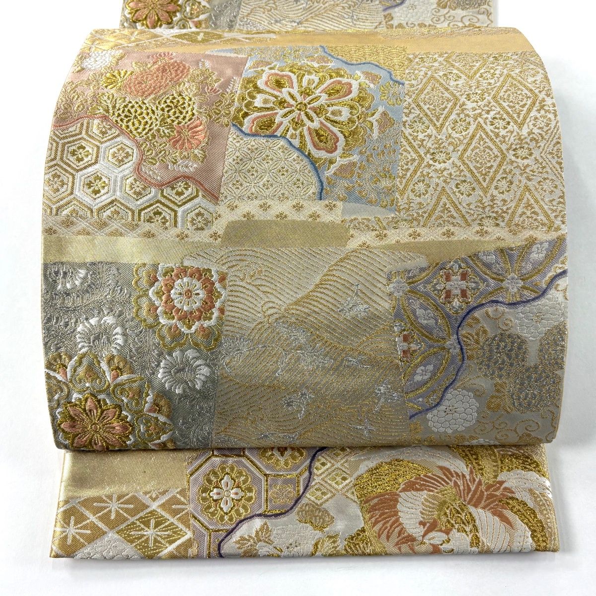 袋帯 落款 篠谷宗兵衛 華文 花鳥 金銀糸 刺繍 金色 六通 正絹