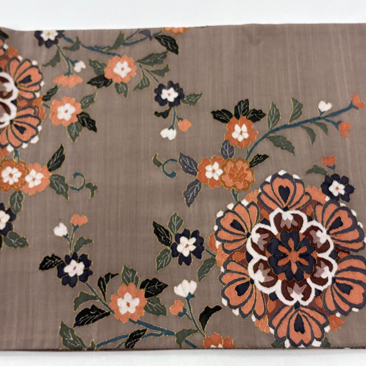  袋帯 草花 斜縞 金銀糸 灰茶 お太鼓柄 正絹 袋帯 帯