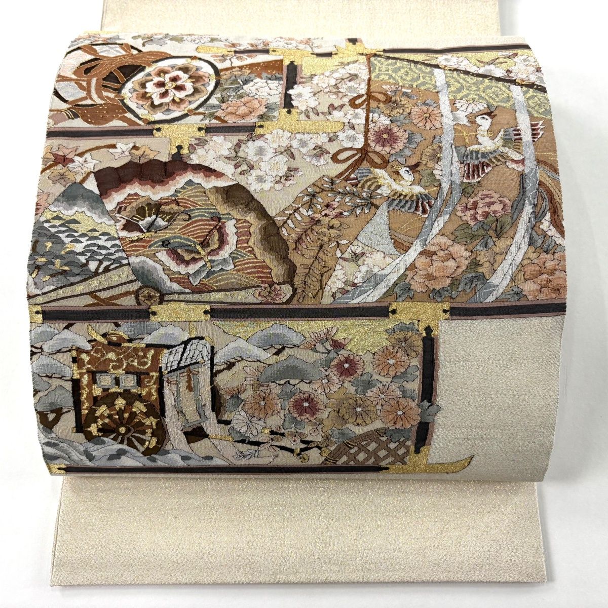 美品】 袋帯 逸品 几帳 屏風 金銀糸 ベージュ お太鼓柄 正絹 【中古
