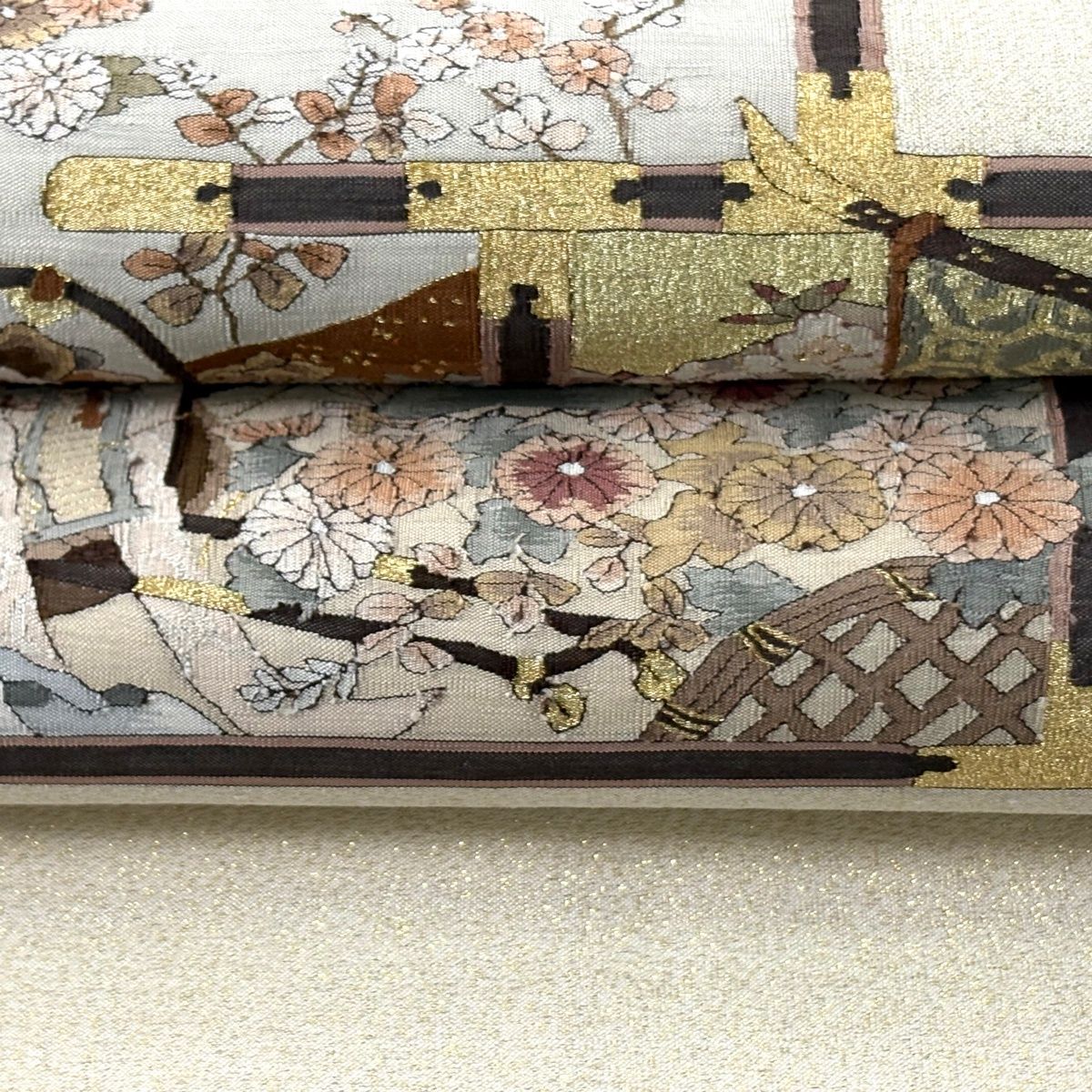 袋帯 几帳 屏風 金銀糸 ベージュ お太鼓柄 正絹 袋帯 帯