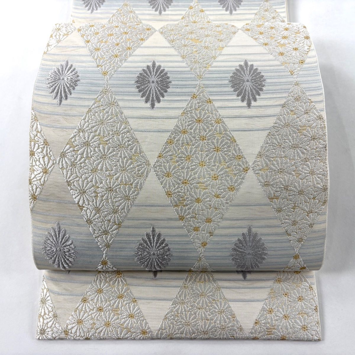 袋帯 菱 花 刺繍 箔 クリーム 六通 正絹