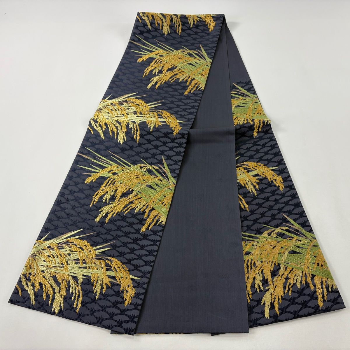 袋帯 逸品 山口美術織物 落款 早苗地稲穂文 金糸 青灰色 六通 正絹