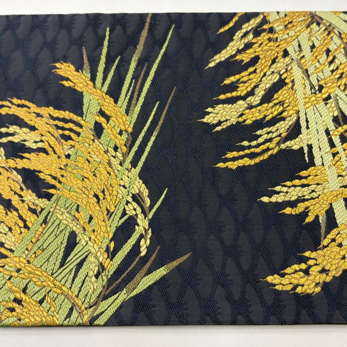 袋帯 逸品 山口美術織物 落款 早苗地稲穂文 金糸 青灰色 六通 正絹