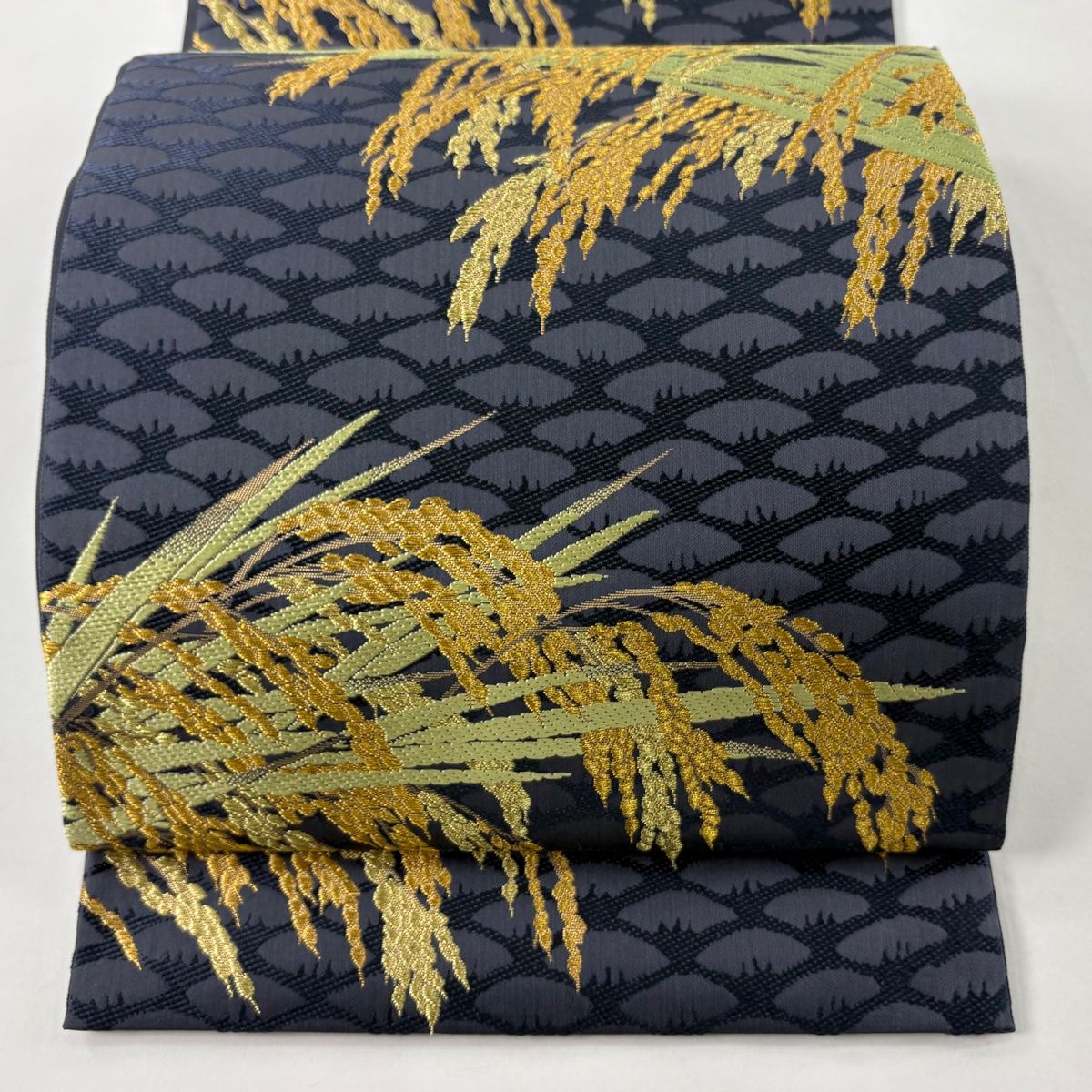 袋帯 逸品 山口美術織物 落款 早苗地稲穂文 金糸 青灰色 六通 正絹