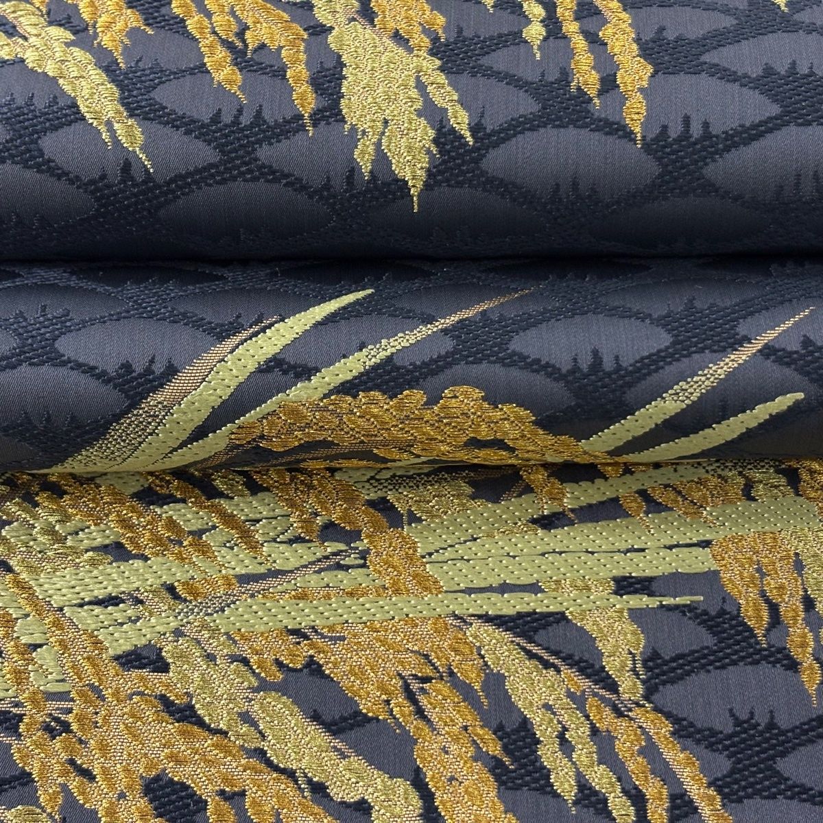 袋帯 逸品 山口美術織物 落款 早苗地稲穂文 金糸 青灰色 六通 正絹