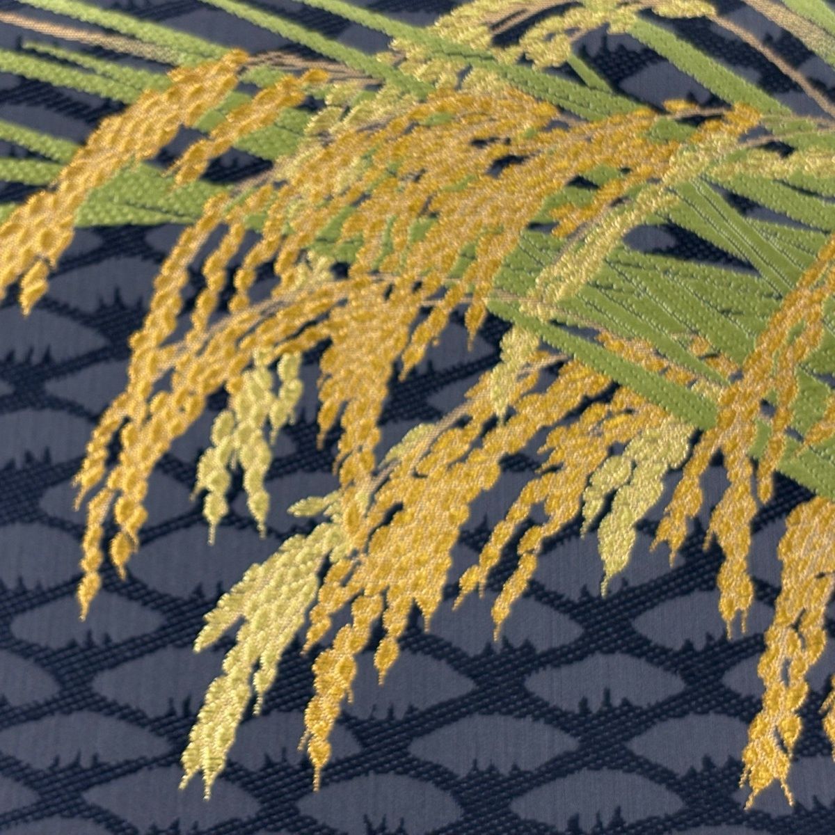 袋帯 山口美術織物 落款 早苗地稲穂文 金糸 青灰色 六通 正絹