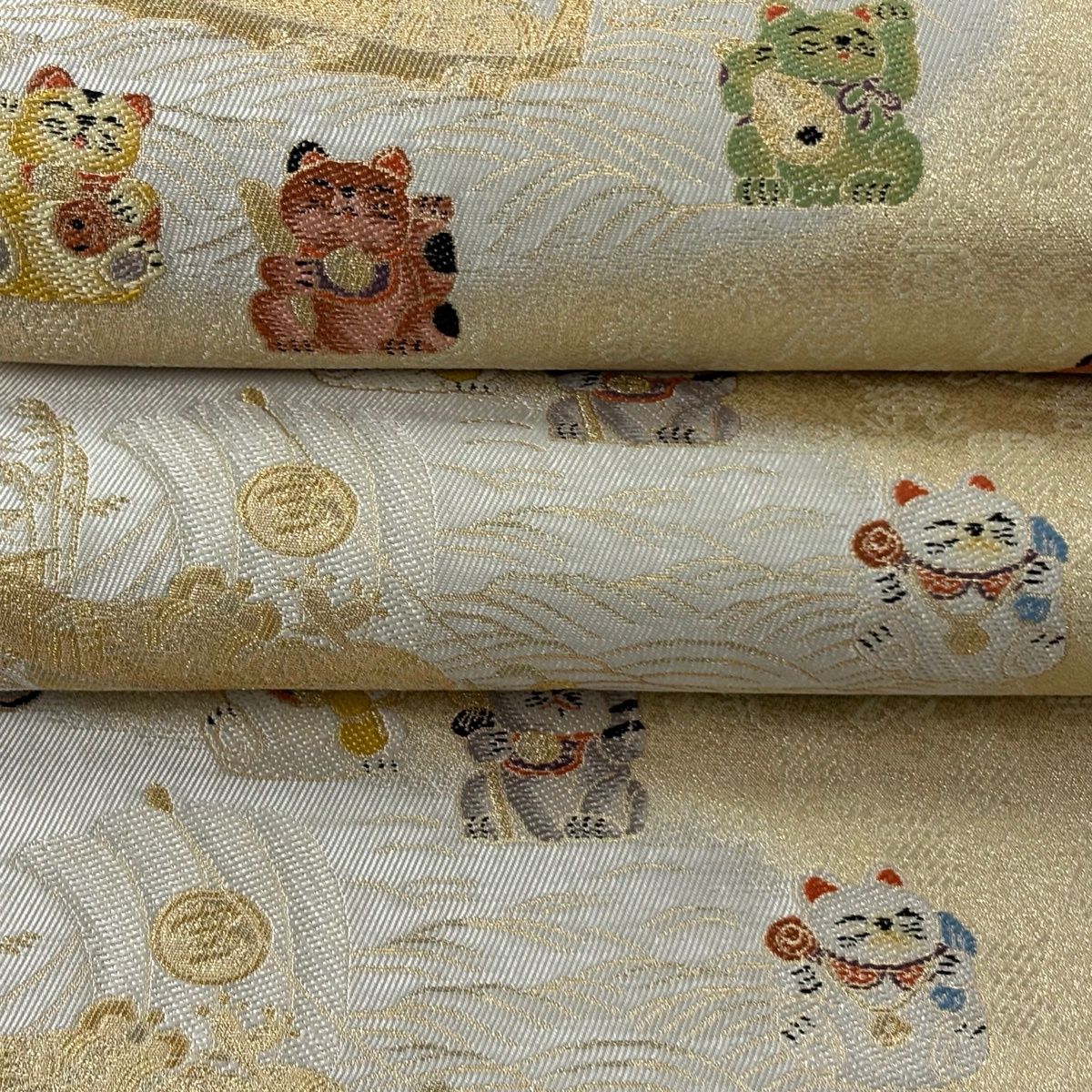  袋帯 招き猫 宝船 金糸 箔 ベージュ 六通 正絹 袋帯 帯