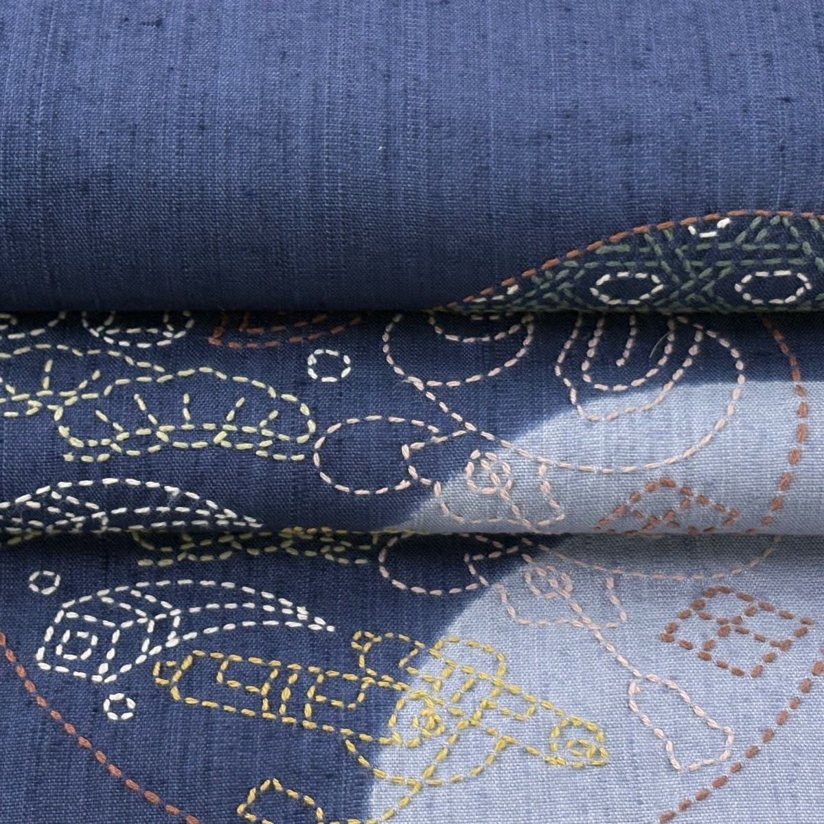  袋帯 紬地 丸文 宝尽くし 刺し子刺繍 藍色 六通 正絹 袋帯 帯