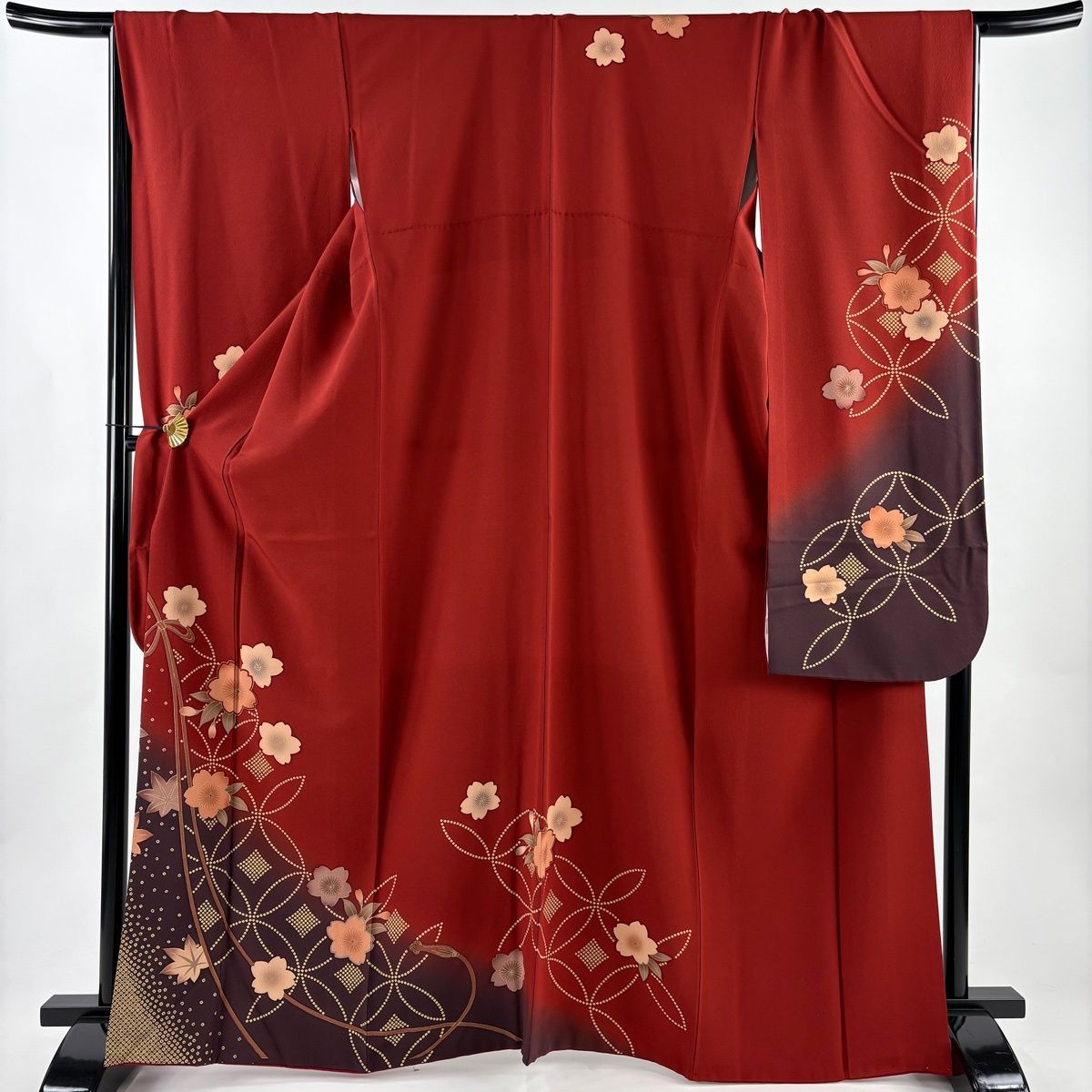 振袖 身丈165.5 cm 裄丈68 L 袷 桜 七宝 染め分け えんじ色 正絹