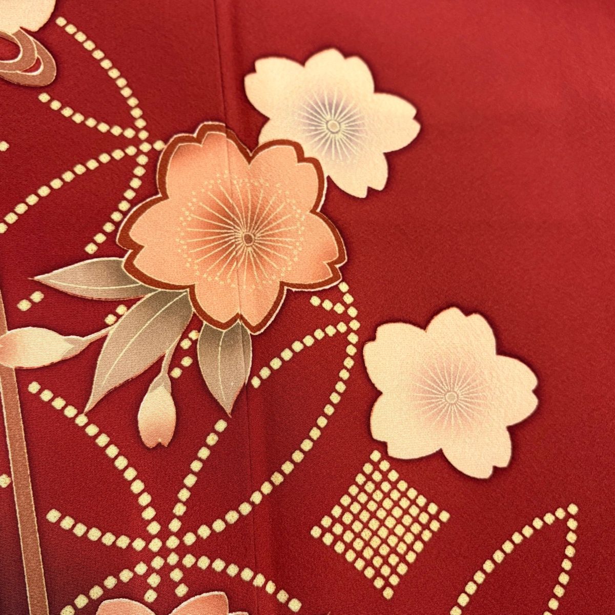  振袖 身丈165.5 cm 裄丈68 L 袷 桜 七宝 染め分け えんじ色 正絹 振袖 着物
