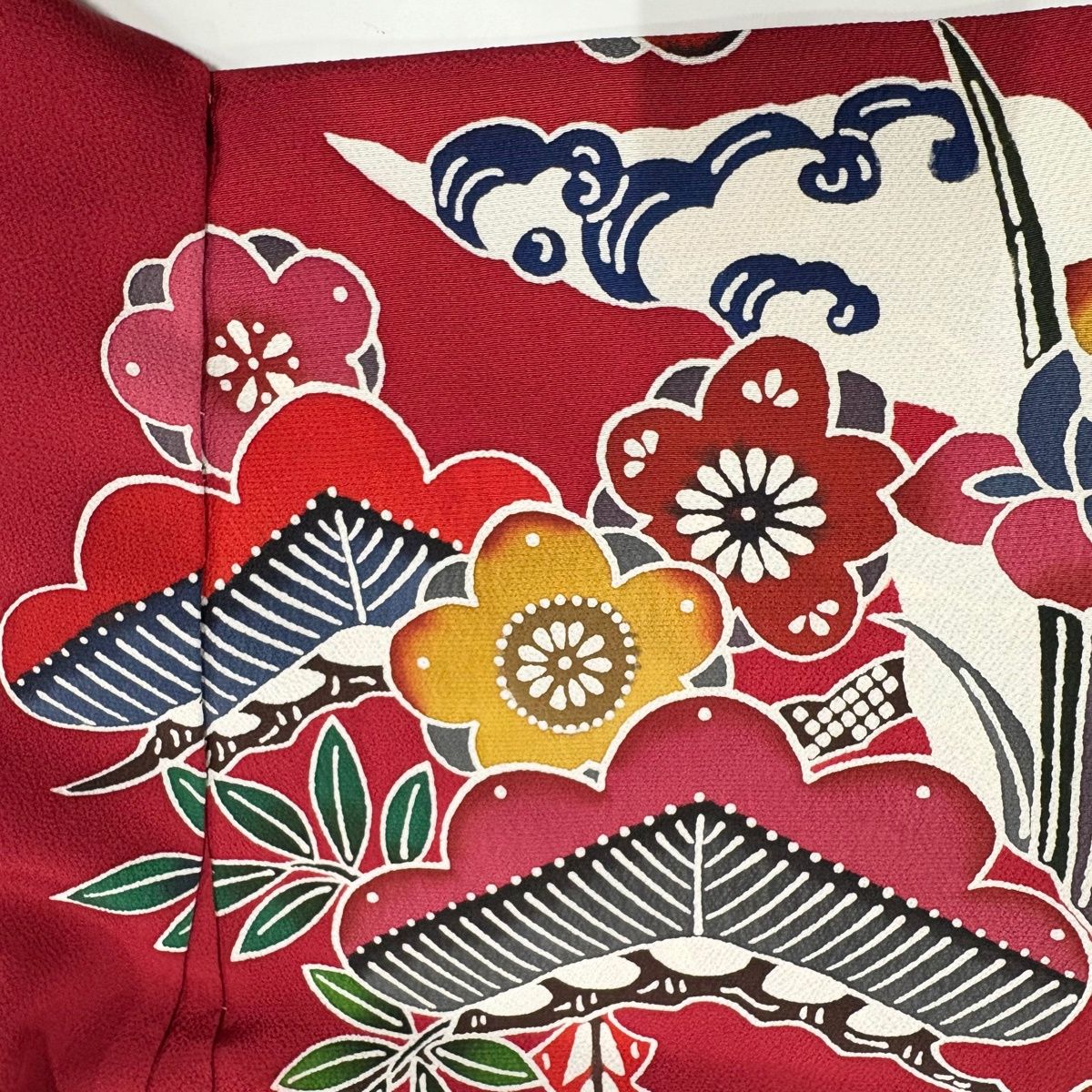  振袖 身丈181 5 cm 裄丈69 未仕立て 仮絵羽 松竹梅 鳥 縮緬 ぼかし 赤 正絹 振袖 着物