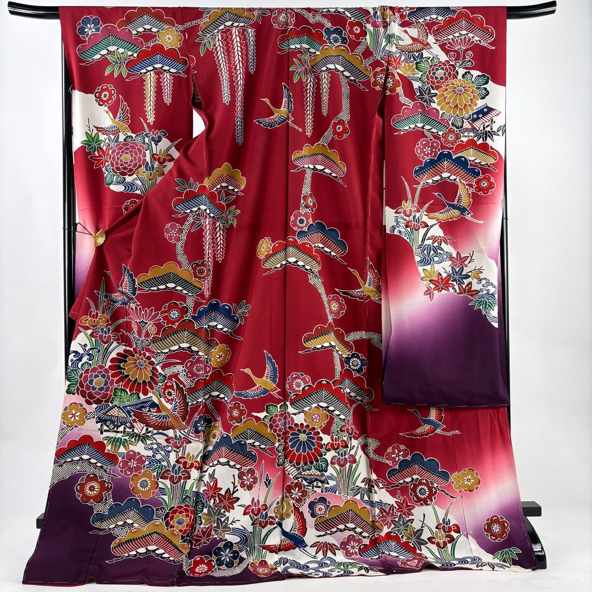 振袖 身丈181.5 cm 裄丈69.5 未仕立て 仮絵羽 松竹梅 鳥 縮緬 ぼかし 赤 正絹