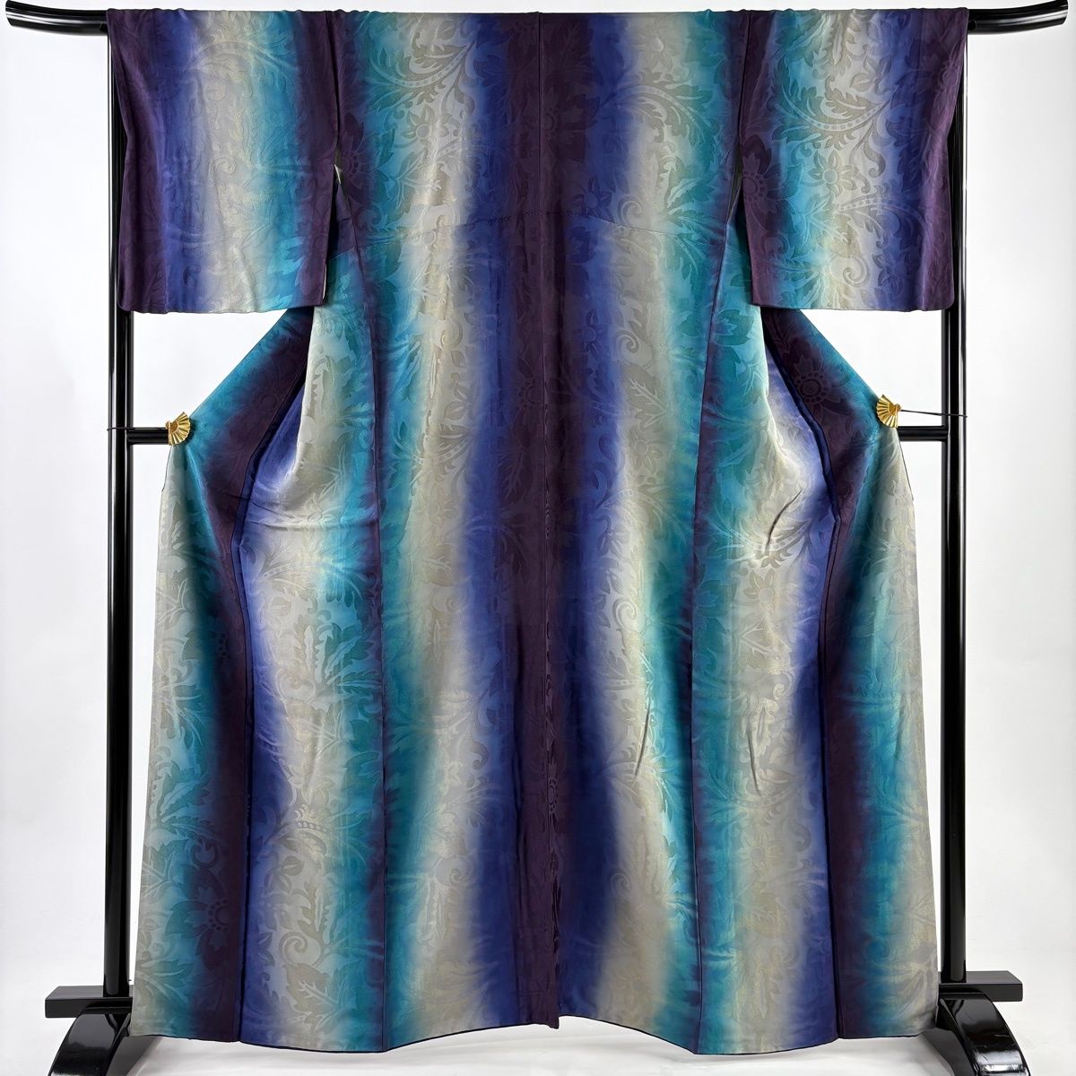 小紋 身丈163 5 cm 裄丈66 M 袷 地紋 花唐草 縦ぼかし 青緑 正絹